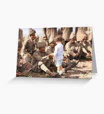 A French boy introduces himself to Indian soldiers who had just arrived in France to fight alongside French and British forces, Marseilles, 30th September 1914 Greeting Card
