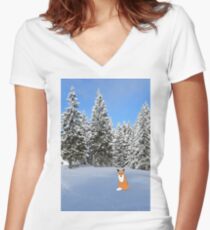 A fox in the snow. Women's Fitted V-Neck T-Shirt