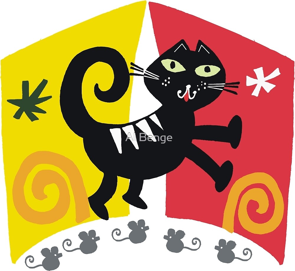 "Black cat cartoon on red and orange background" by Al Benge | Redbubble