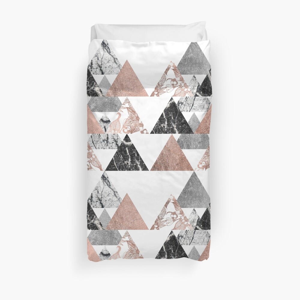 Marble Rose Gold Silver and Floral Geo Triangles Duvet Cover