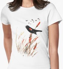 Watercolor Red Wing Blackbird Bird Nature Art Women's Fitted T-Shirt