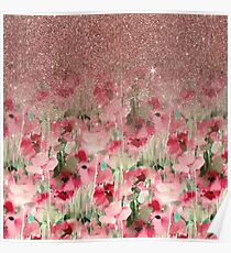 Pretty Faux Rose Gold Glitter on Watercolor Floral Poster
