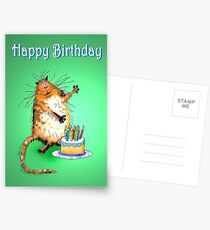 cat and birthday cake with candles, humor. Postcards