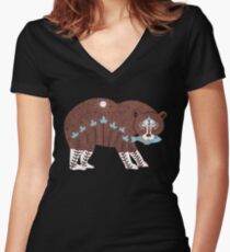 Folk Art Spirit Bear with Fish Women's Fitted V-Neck T-Shirt