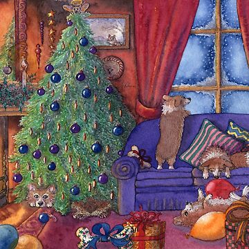 Artwork thumbnail, Corgi dogs excited on Christmas eve, watching for Santa by SusanAlisonArt