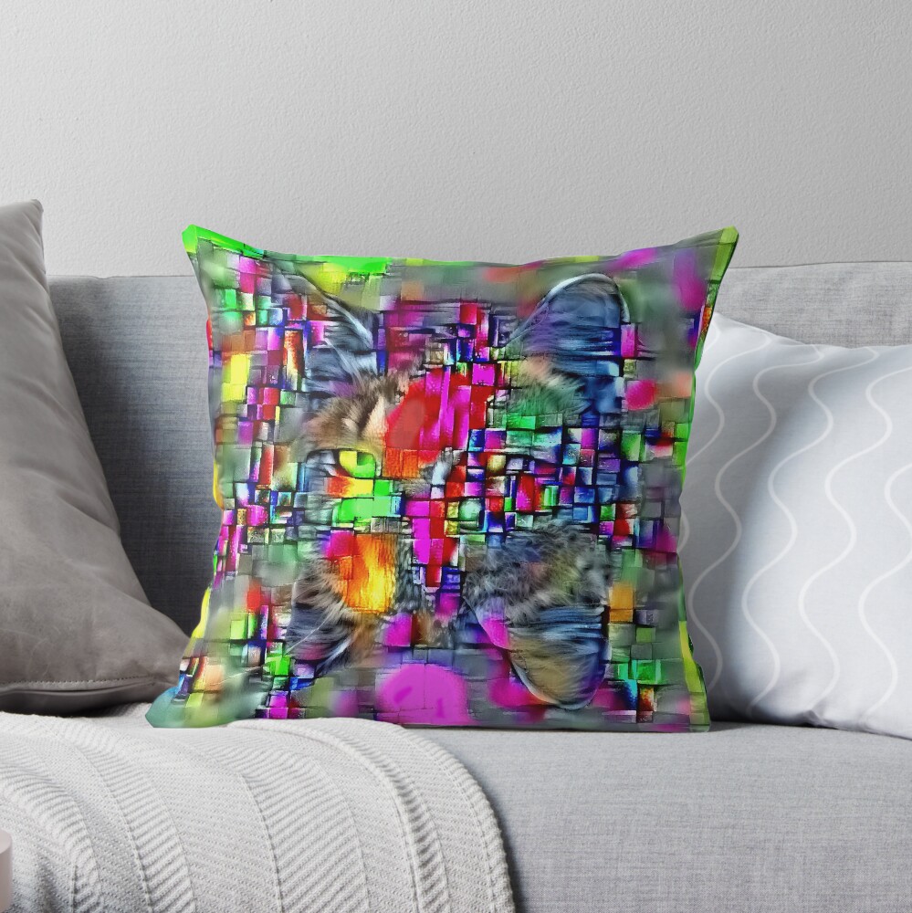 Artificial neural style Cubism mirror cat Throw Pillow