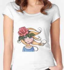 Big-Eyed Girl with ROSE, No. 2, Whimsical Art, Surreal Art Women's Fitted Scoop T-Shirt
