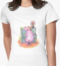 Hippo playing the Piano Pencil Drawing of Music Animal Women's Fitted T-Shirt