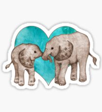 Baby Elephant Love - sepia on teal watercolour Sticker