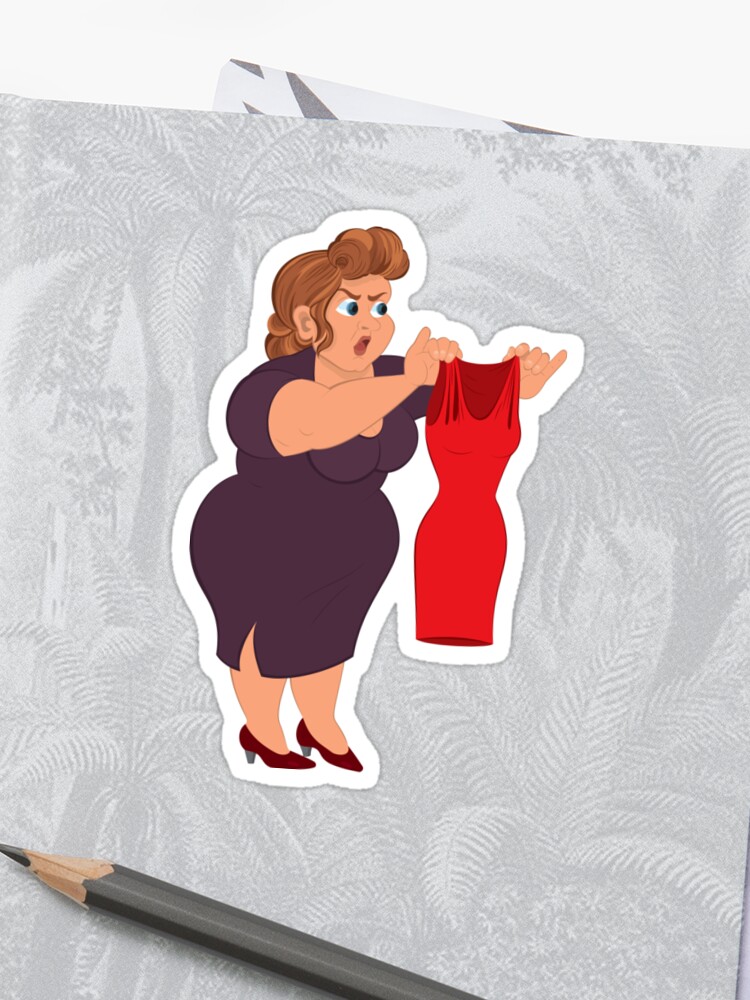 Cartoon Fat Woman In Purple Dress Holding Small Red Dress Sticker