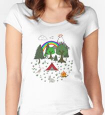 Cartoon Camping Scene Women's Fitted Scoop T-Shirt