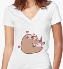 Sloth Loves Cat Women's Fitted V-Neck T-Shirt