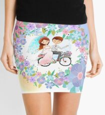 Bride and Groom on Bicycle Floral Wreath Wedding Mini Skirt