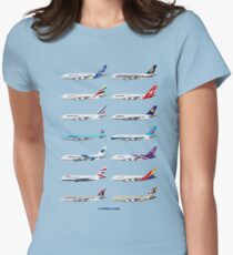 Camiseta entallada para mujer Ilustración de operadores Airbus A380 - versión azul