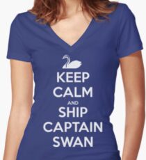 Keep Calm and Ship Captain Swan (White) Women's Fitted V-Neck T-Shirt