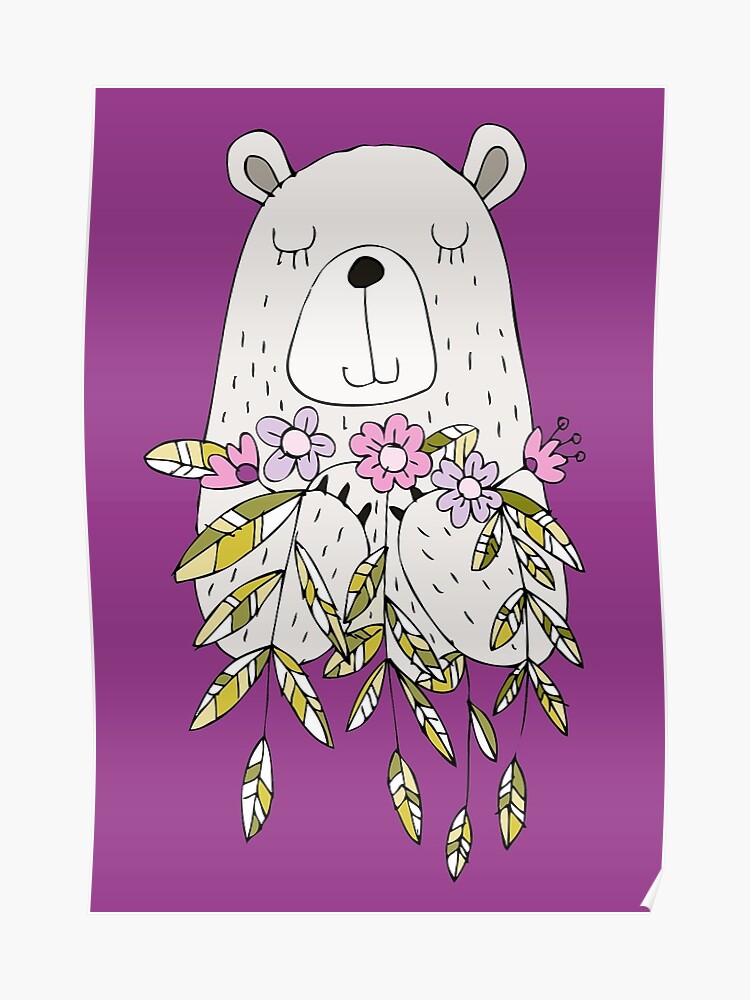 Animaux De Dessin Animé Ours Mignon Avec Des Fleurs Poster