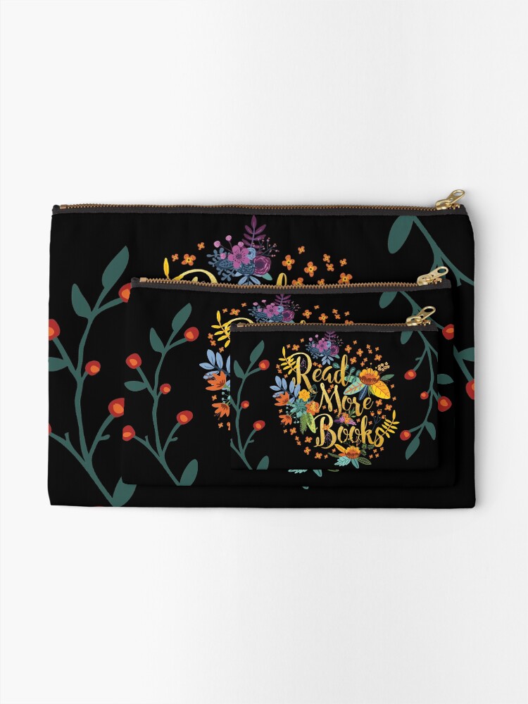Alternate view of Read More Books - Floral Gold - Black Zipper Pouch