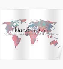 Wanderlust Definition Teal and Pink watercolor map Poster