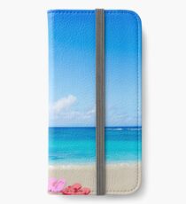 Color flip flops and drawing sun on sandy beach iPhone Wallet/Case/Skin