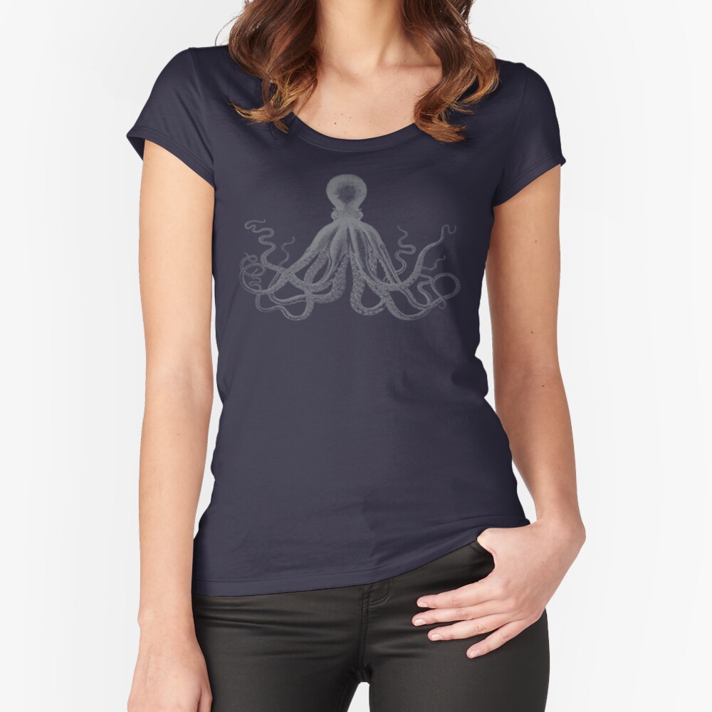 Octopus | Vintage Octopus | Tentacles | Sea Creatures | Nautical | Ocean | Sea | Beach | Grey and White | Fitted Scoop T-Shirt