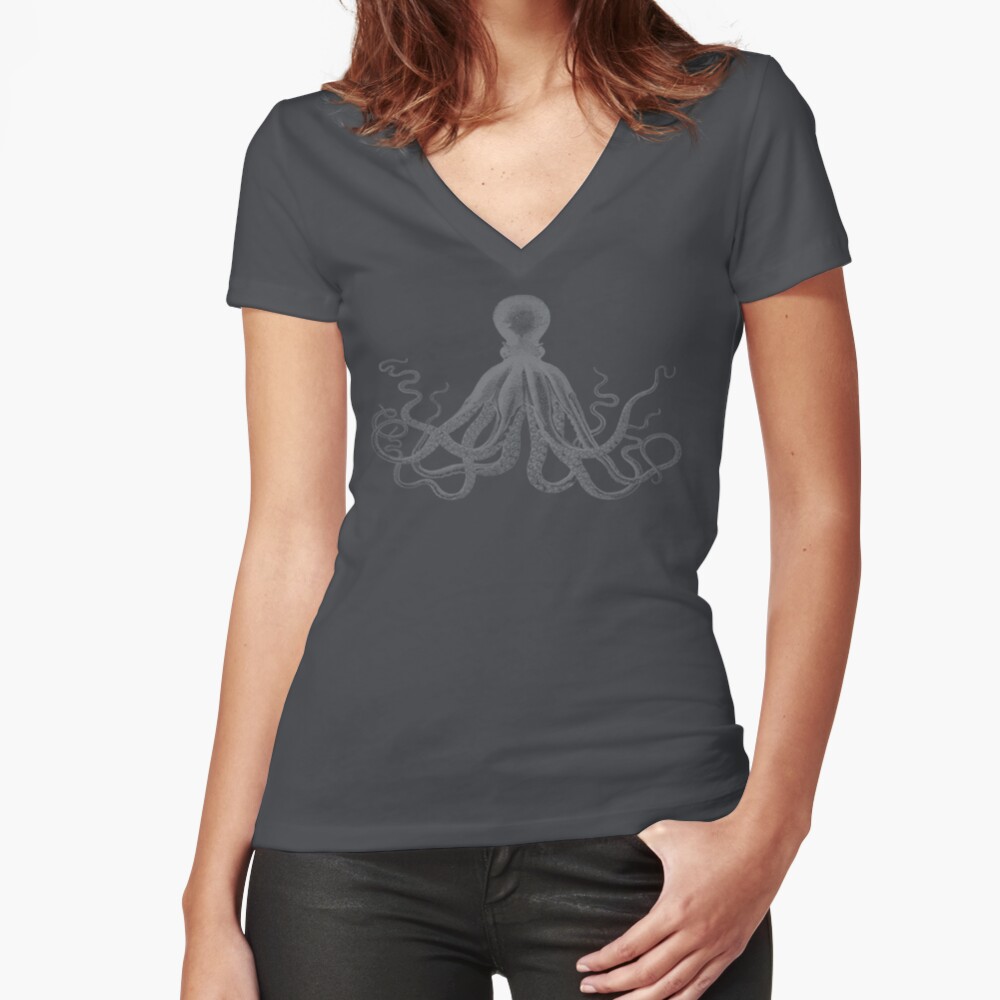 Octopus | Vintage Octopus | Tentacles | Sea Creatures | Nautical | Ocean | Sea | Beach | Grey and White | Fitted V-Neck T-Shirt