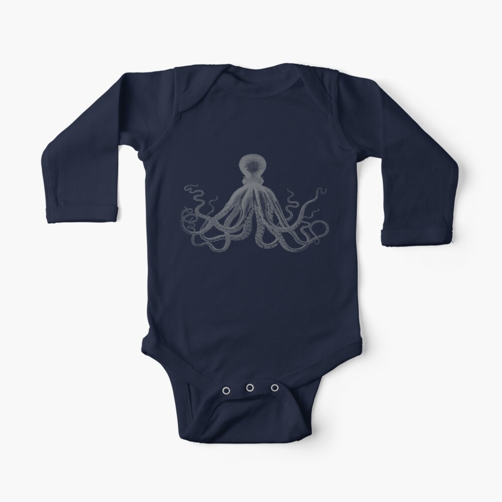 Octopus | Vintage Octopus | Tentacles | Sea Creatures | Nautical | Ocean | Sea | Beach | Grey and White | Long Sleeve Baby One-Piece