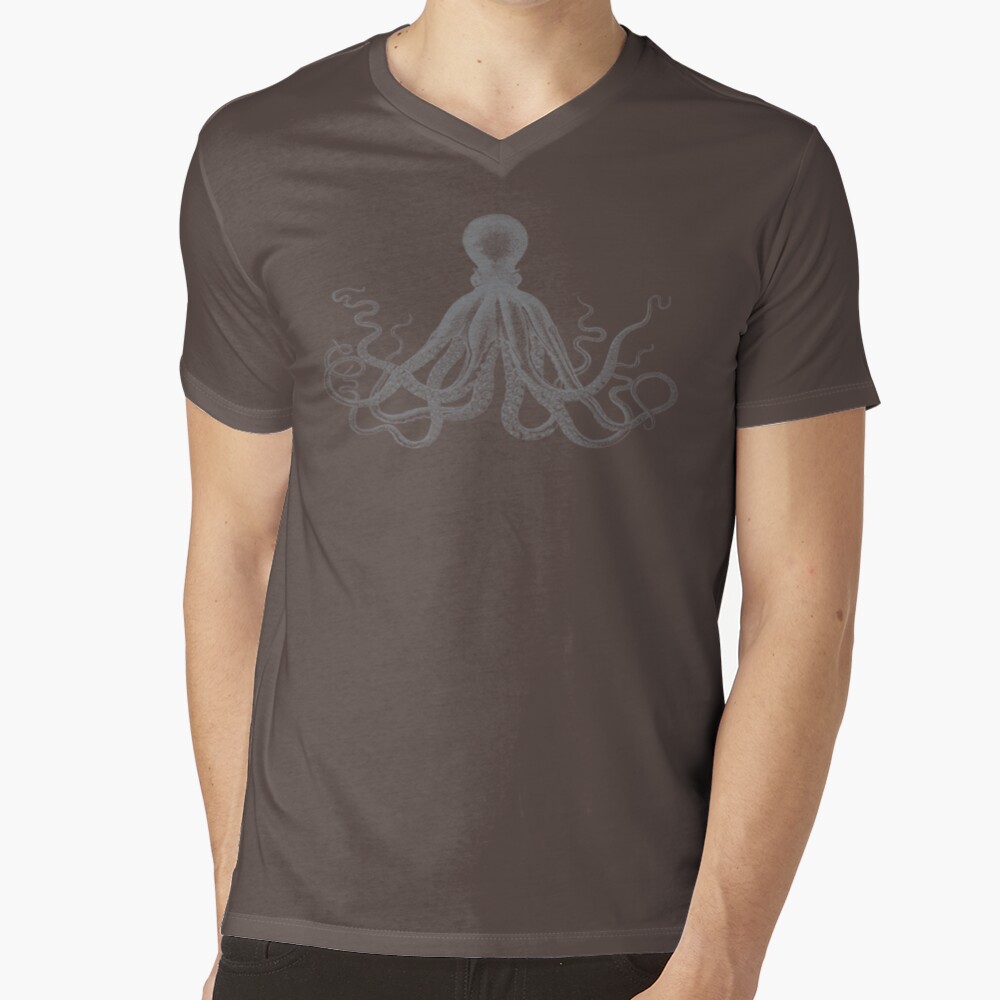 Octopus | Vintage Octopus | Tentacles | Sea Creatures | Nautical | Ocean | Sea | Beach | Grey and White | V-Neck T-Shirt