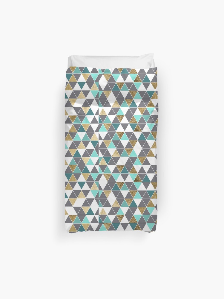 Modern Gray White Teal And Faux Gold Triangles Duvet Cover By