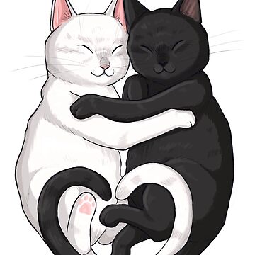 Cats hug. Valentine's day funny sleep cats in love. Japan cute couple.  Doodle animal vector. Vintage yin yang artwork. Kawaii silhouette. Happy  kitten hug icon. Mystic cat t-shirt art. Cartoon tattoo Stock