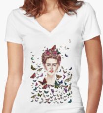 Frida Kahlo Flowers Butterflies Women's Fitted V-Neck T-Shirt