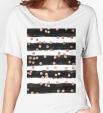 Girly rose gold confetti black watercolor stripes Women's Relaxed Fit T-Shirt