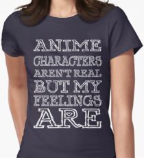 Camiseta entallada para mujer los personajes de anime no son reales, pero mis sentimientos son (letra blanca)
