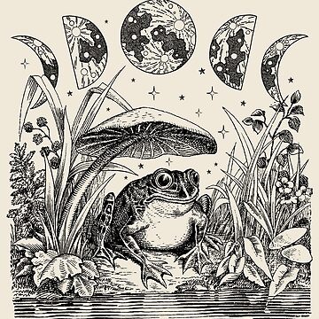 Artwork thumbnail, Cottagecore Aesthetic Frog, Mushroom Moon Witchcraft: Vintage Dark Academia, Goblincore Froggy, Emo Grunge Nature Fantasy, Fairycore Toad in Toadstool Pond by MinistryOfFrogs