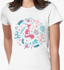 Fox with winter flowers and snowflakes Women's Fitted T-Shirt