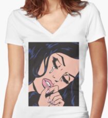 Black Hair Crying Comic Girl Fitted V-Neck T-Shirt