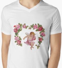 Pink Floral Cherub Angel Men's V-Neck T-Shirt