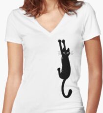 Black Cat Holding On Women's Fitted V-Neck T-Shirt