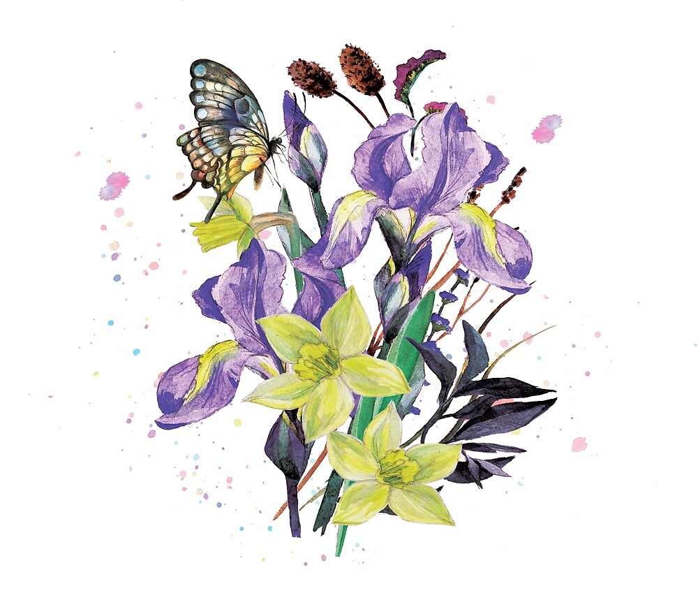 "Daffodils, Iris and a Butterfly" by westphd Redbubble