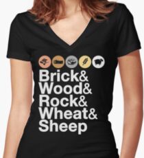 Helvetica Settlers of Catan: Brick, Wood, Rock, Wheat, Sheep | Board Game Geek Ampersand Design Women's Fitted V-Neck T-Shirt