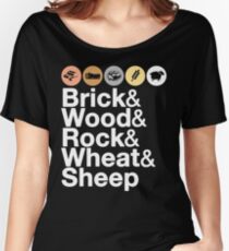 Helvetica Settlers of Catan: Brick, Wood, Rock, Wheat, Sheep | Board Game Geek Ampersand Design Women's Relaxed Fit T-Shirt