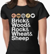 Helvetica Settlers of Catan: Brick, Wood, Rock, Wheat, Sheep | Board Game Geek Ampersand Design Women's Fitted T-Shirt