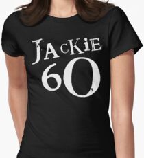 Jackie 60 Classic White Logo auf schwarzem Zahnrad Tailliertes T-Shirt für Frauen