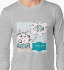 Cat loves fish card graphic Long Sleeve T-Shirt