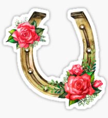 Watercolor horseshoes in golden color with red roses design Sticker