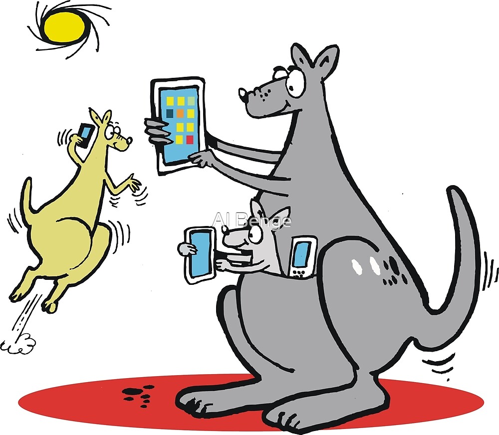 "Cute cartoon kangaroo taking photos with mobile phone" by Al Benge