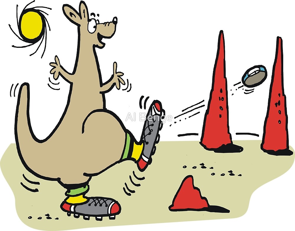 "Cute cartoon kangaroo kicking football in Australian outback" by Al