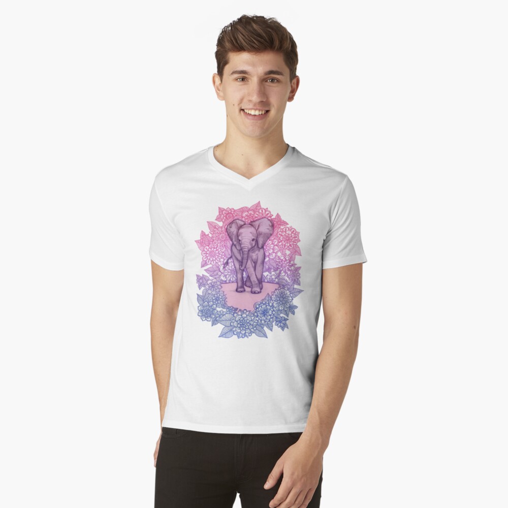 Niedlicher Baby-Elefant in rosa, lila und blau T-Shirt mit V-Ausschnitt