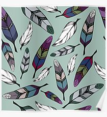 Colorful tribal feathers on mint background. Vector illustration print Poster