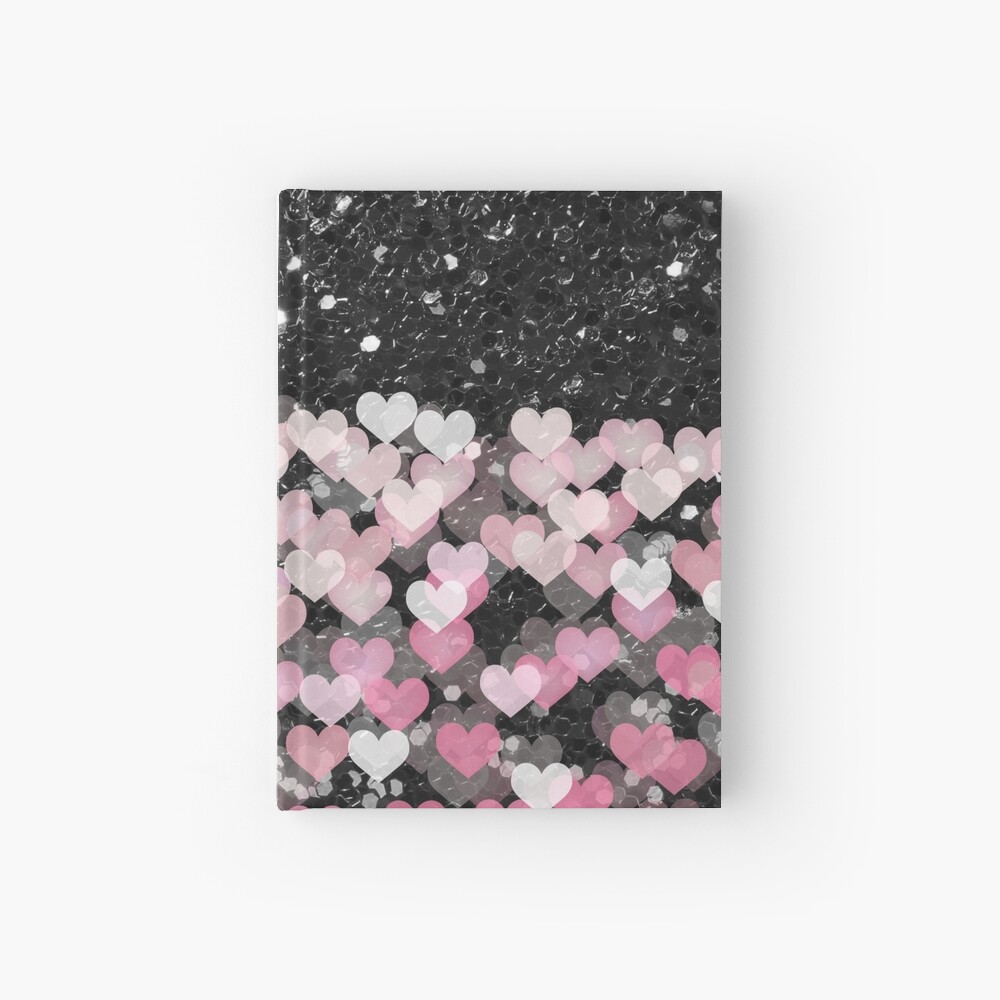 "Pink Hearts Black Faux Glitter" Hardcover Journal by moondreamsmusic