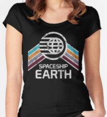 Vintage Spaceship Earth with Distressed Logo in Retro Style Women's Fitted Scoop T-Shirt